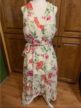 Roz & Ali Cream Midi Wrap Dress with Pink & Coral Floral Print
